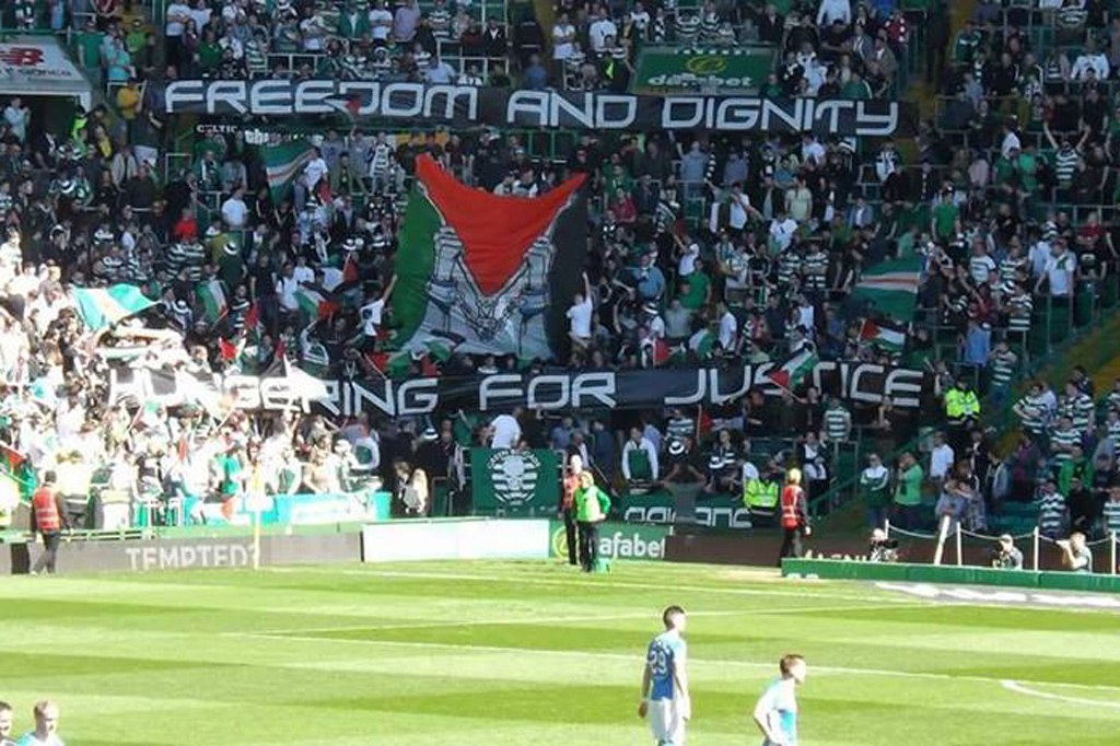 Celtic fans fly Palestine flags for Gaza protest victims