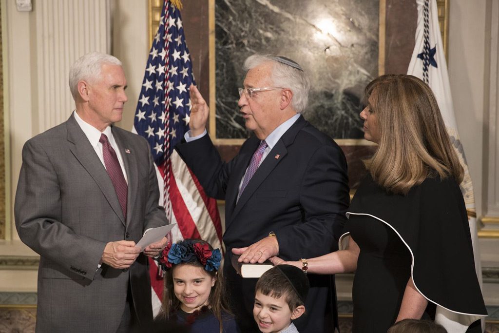 US ambassador to Israel, zionist David Friedman gets sworn in by Vice President of the United States Mike Pence | Photo by: McKenzie Clift | Via: Wikimedia Commons